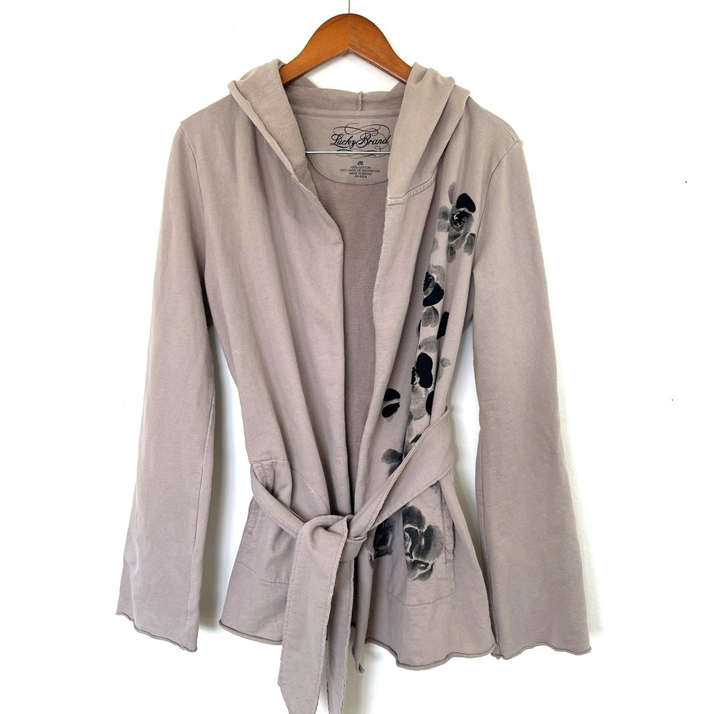 Lucky Brand Womens French Terry Hooded Jacket Cardigan Size‎ M Tan Wrap Tie Boho